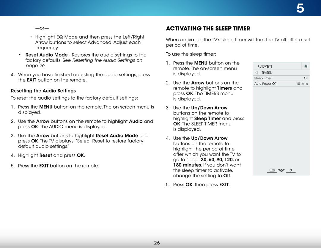 Vizio M701DA3R, M801DA3, M701D-A3R Activating the Sleep Timer, Factory defaults. See Resetting the Audio Settings on 