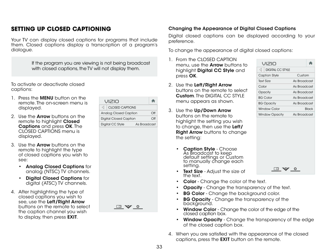 Vizio M601DA3R, M801DA3, M701D-A3R, M601D-A3R, M701DA3R, M801D-A3 user manual Setting UP Closed Captioning 