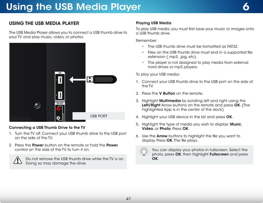 Vizio M801DA3, M701D-A3R, M601D-A3R, M701DA3R, M601DA3R, M801D-A3 user manual Using the USB Media Player 