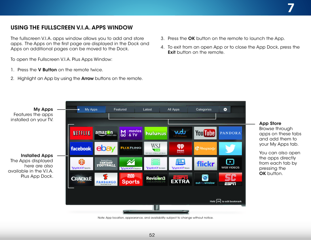 Vizio M801D-A3, M801DA3, M701D-A3R, M601D-A3R, M701DA3R, M601DA3R user manual Using the Fullscreen V.I.A. Apps Window 