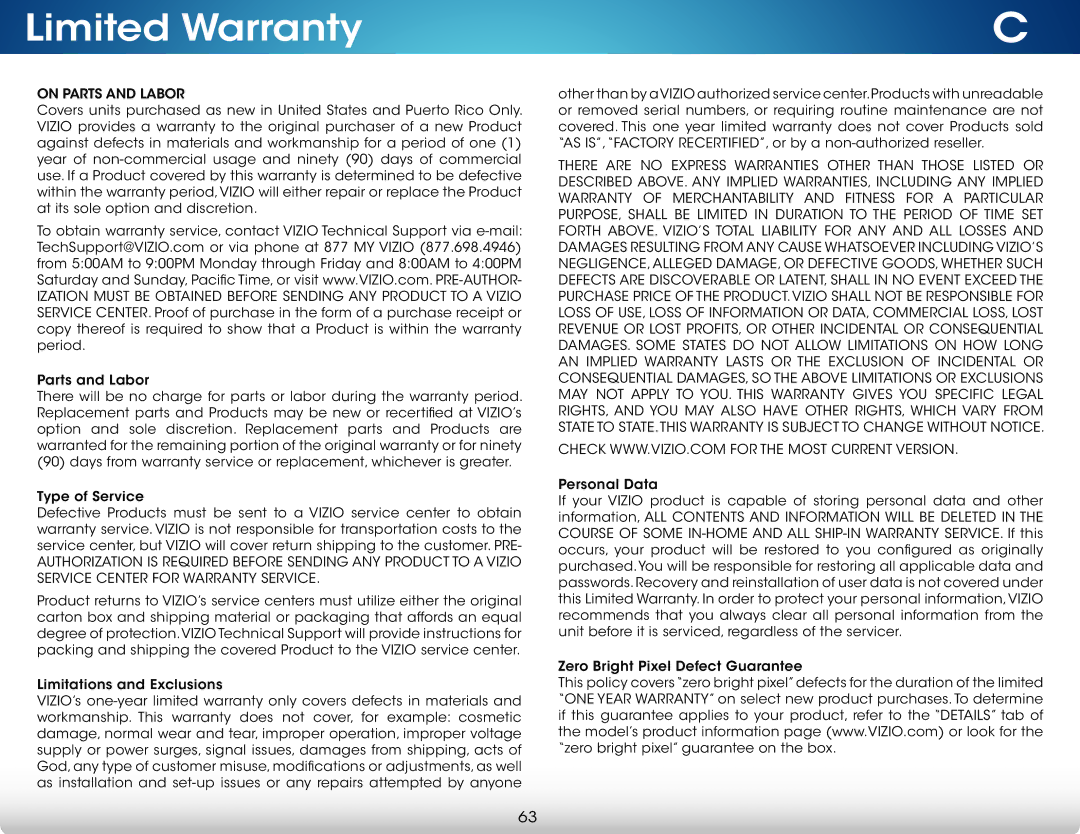 Vizio M601DA3R, M801DA3, M701D-A3R, M601D-A3R, M701DA3R, M801D-A3 user manual Limited Warranty, On Parts and Labor 