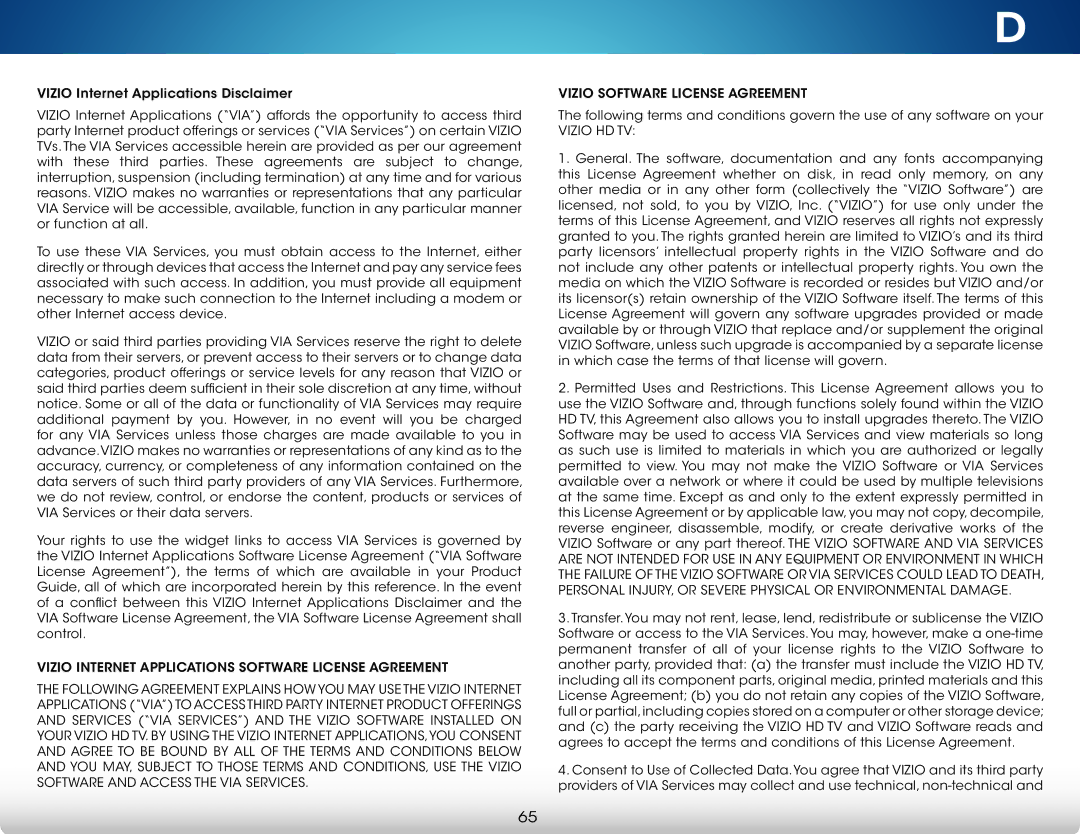 Vizio M801DA3, M701D-A3R, M601D-A3R, M701DA3R, M601DA3R, M801D-A3 user manual Vizio Software License Agreement 