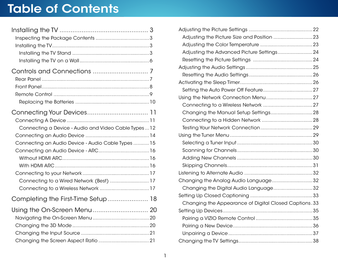 Vizio M601D-A3R, M801DA3, M701D-A3R, M701DA3R, M601DA3R, M801D-A3 user manual Table of Contents 