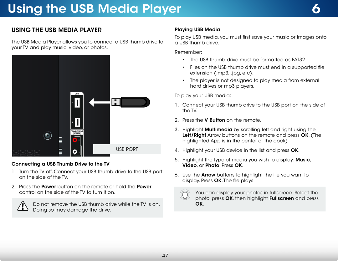 Vizio M801DA3, M701D-A3R, M601D-A3R, M701DA3R, M601DA3R, M801D-A3 Using the USB Media Player, Using The Usb Media Player 