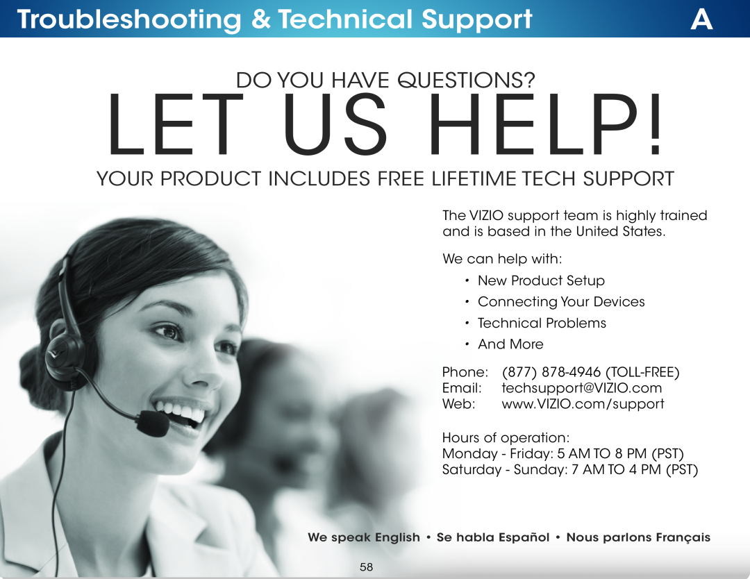 Vizio M801D-A3, M801DA3, M701D-A3R, M601D-A3R Troubleshooting & Technical Support, Let Us Help, Do You Have Questions? 