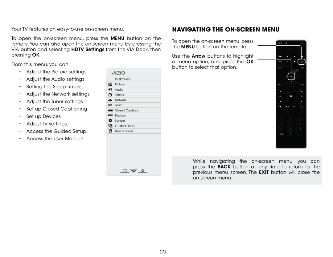 Vizio M801i-A3 user manual Using the On-Screen Menu, Navigating the On-Screen Menu 