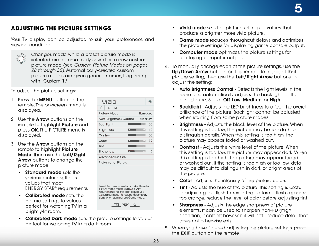 Vizio M801i-A3 user manual Adjusting the Picture Settings 