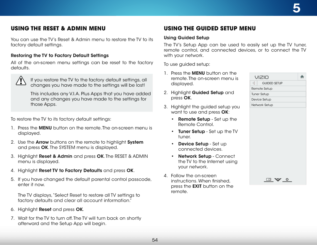 Vizio M801i-A3 user manual Using the Reset & Admin Menu, Using the Guided Setup Menu 