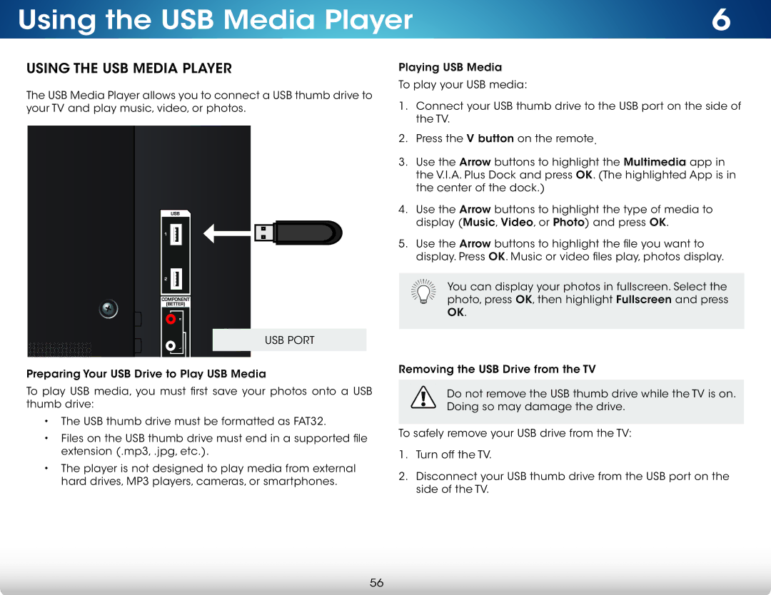 Vizio M801i-A3 user manual Using the USB Media Player, USB Port 