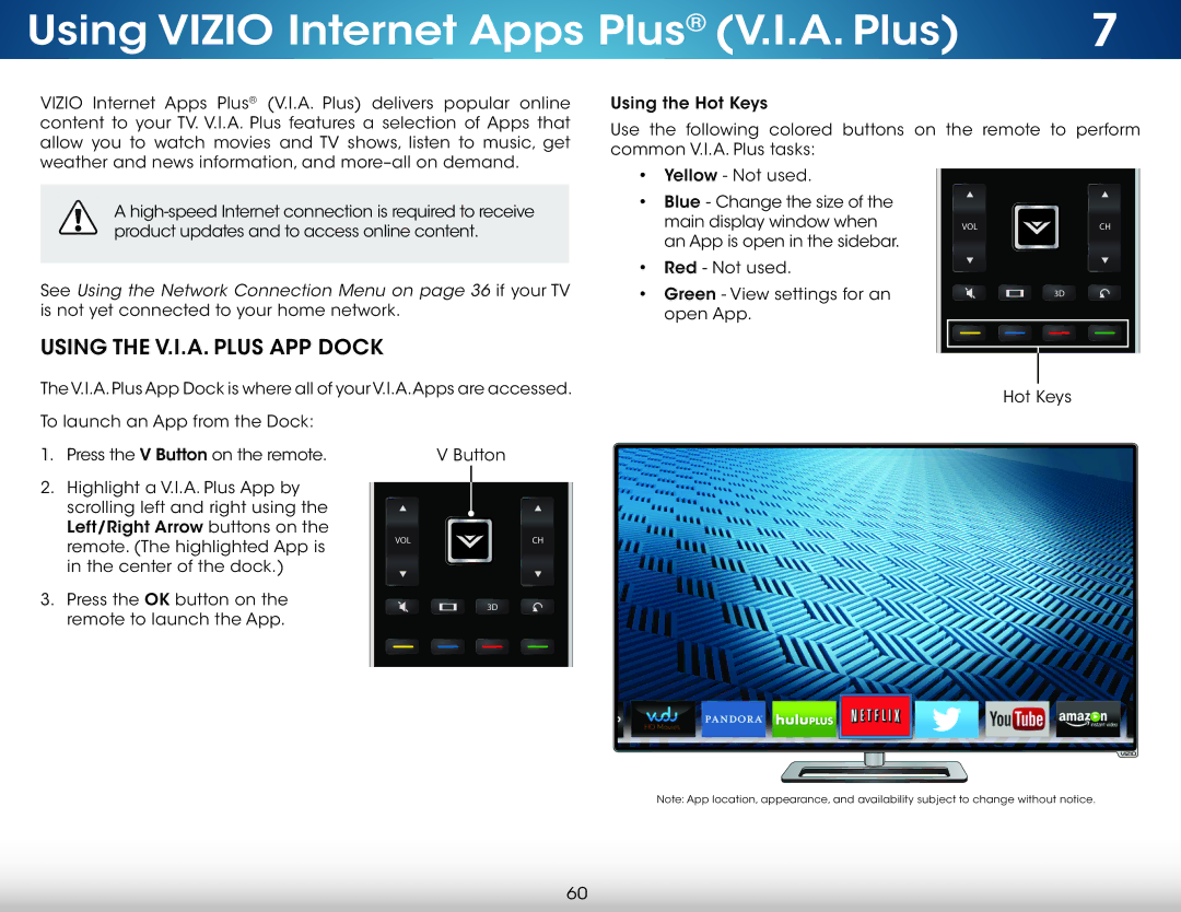 Vizio M801i-A3 user manual Using Vizio Internet Apps Plus V.I.A. Plus, Using the V.I.A. Plus App Dock 