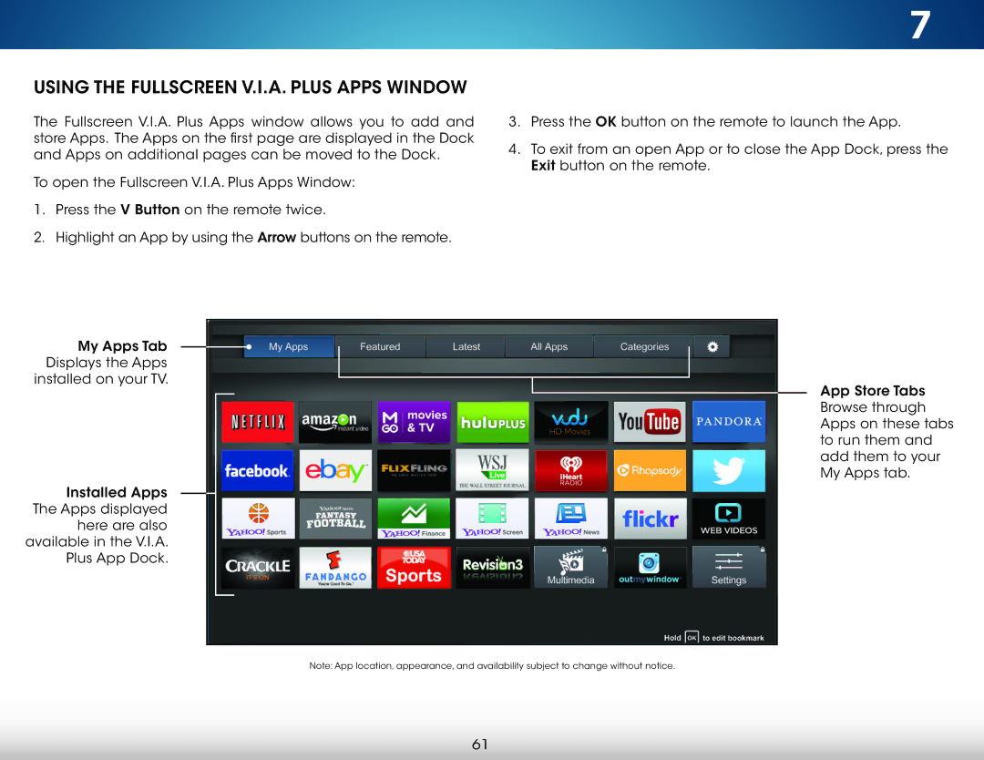 Vizio M801i-A3 user manual Using the Fullscreen V.I.A. Plus Apps Window 