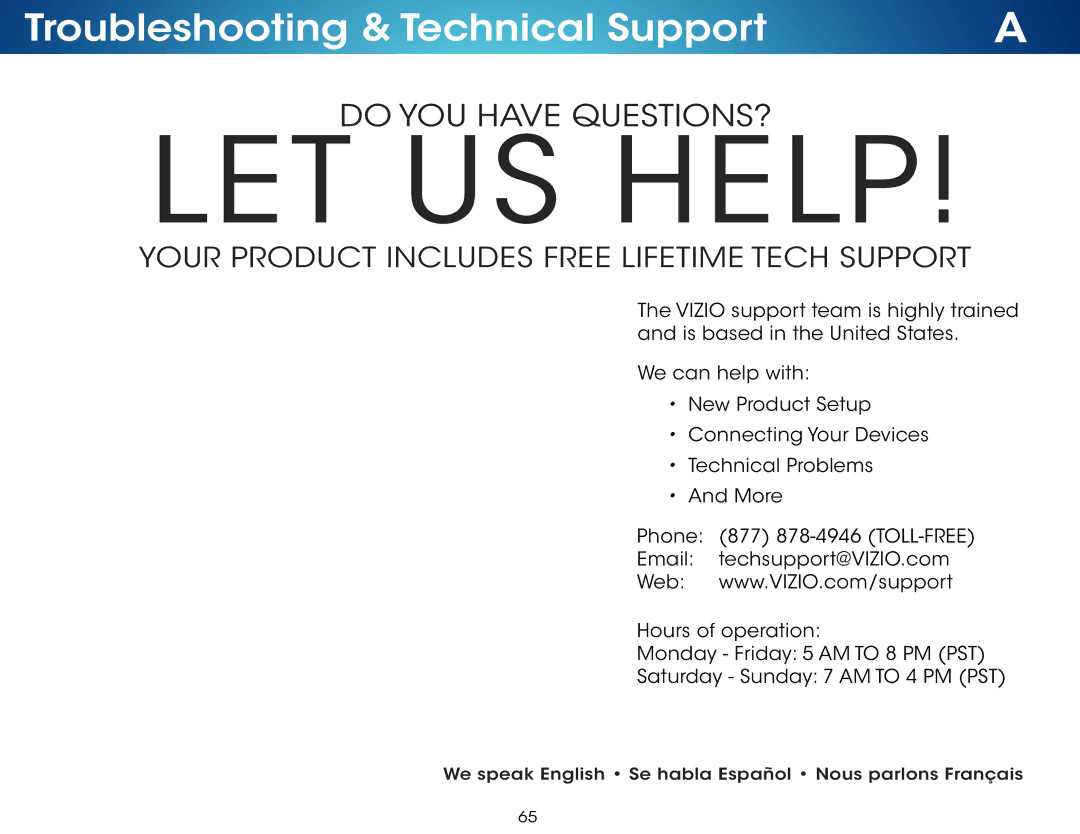 Vizio M801i-A3 user manual LET US Help, Troubleshooting & Technical Support 