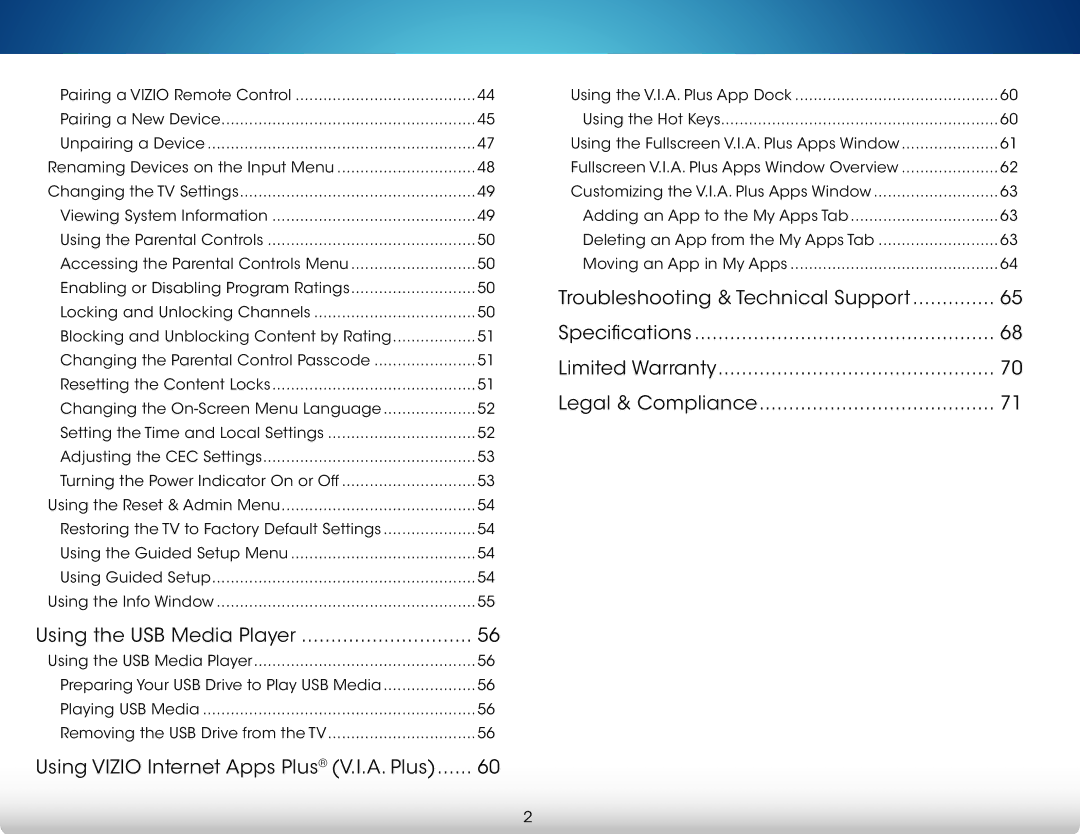 Vizio M801i-A3 user manual Using the USB Media Player, Using Vizio Internet Apps Plus V.I.A. Plus 