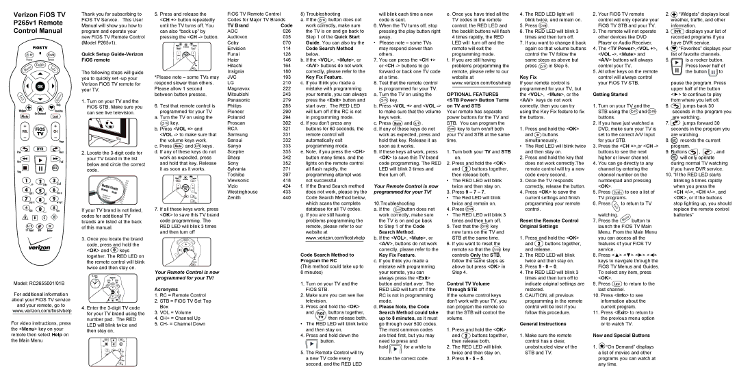 Vizio P265V1 user manual Quick Setup Guide-Verizon FiOS remote, Acronyms, TV Brand Code, Code Search Method, Key Fix 