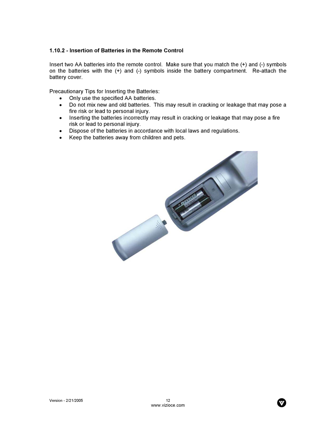 Vizio P42 manual Insertion of Batteries in the Remote Control 