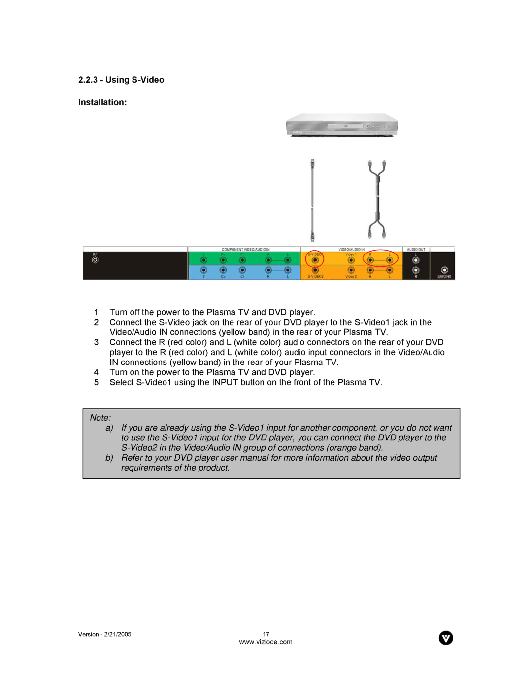 Vizio P42 manual Using S-Video Installation 