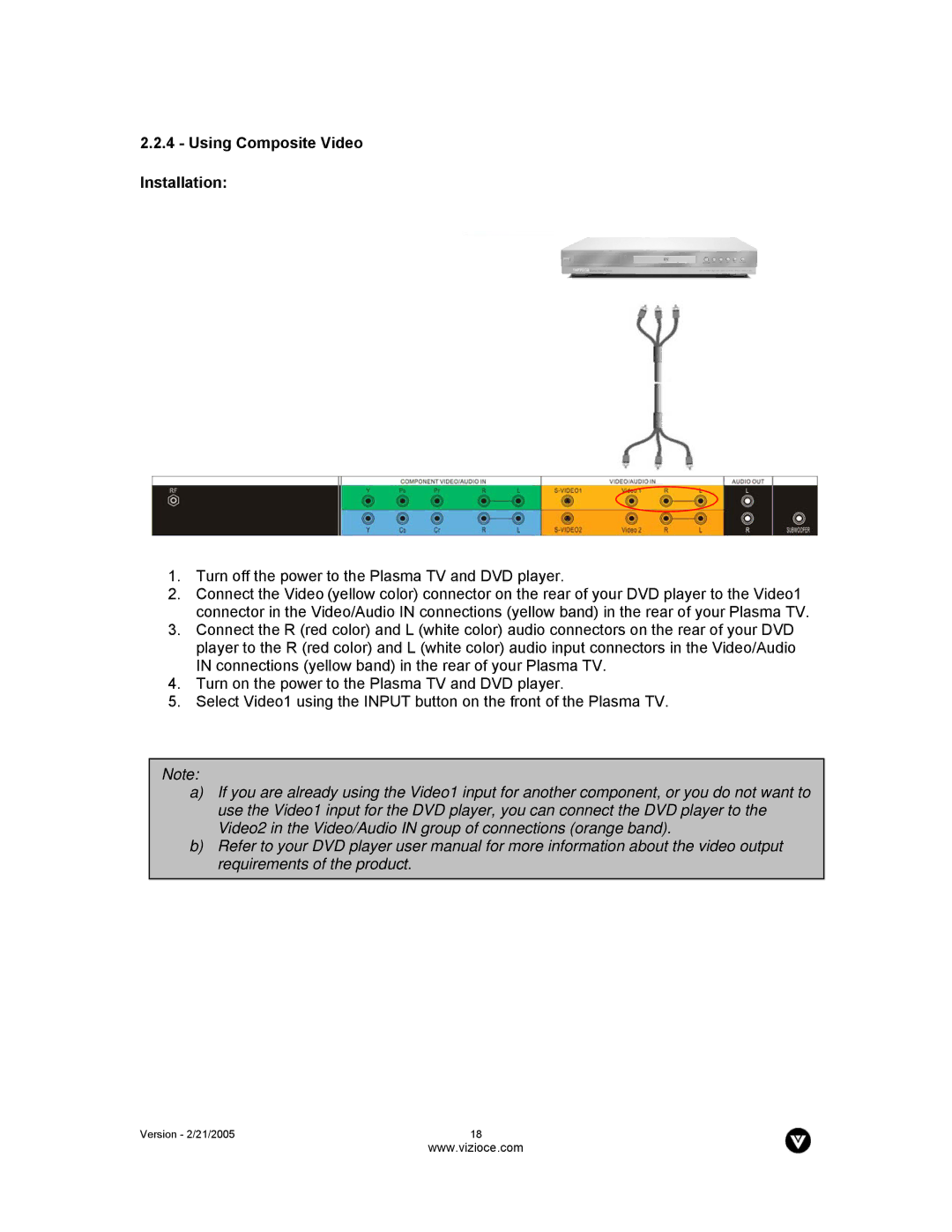 Vizio P42 manual Using Composite Video Installation 