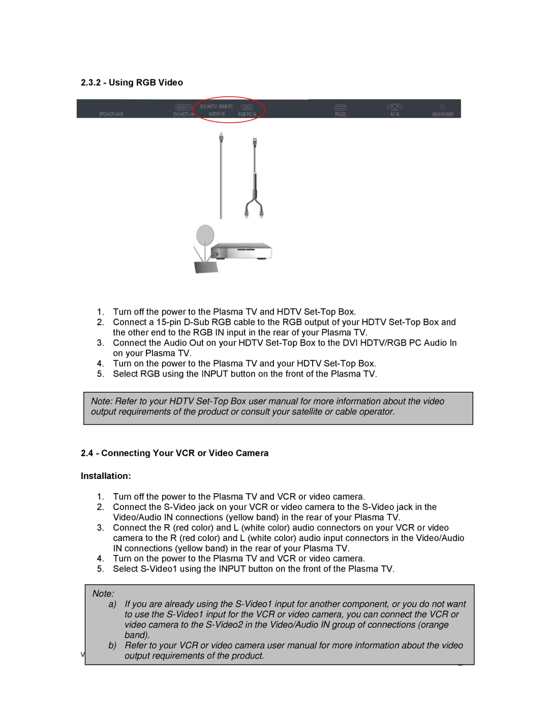 Vizio P42 manual Using RGB Video Installation, Connecting Your VCR or Video Camera Installation 