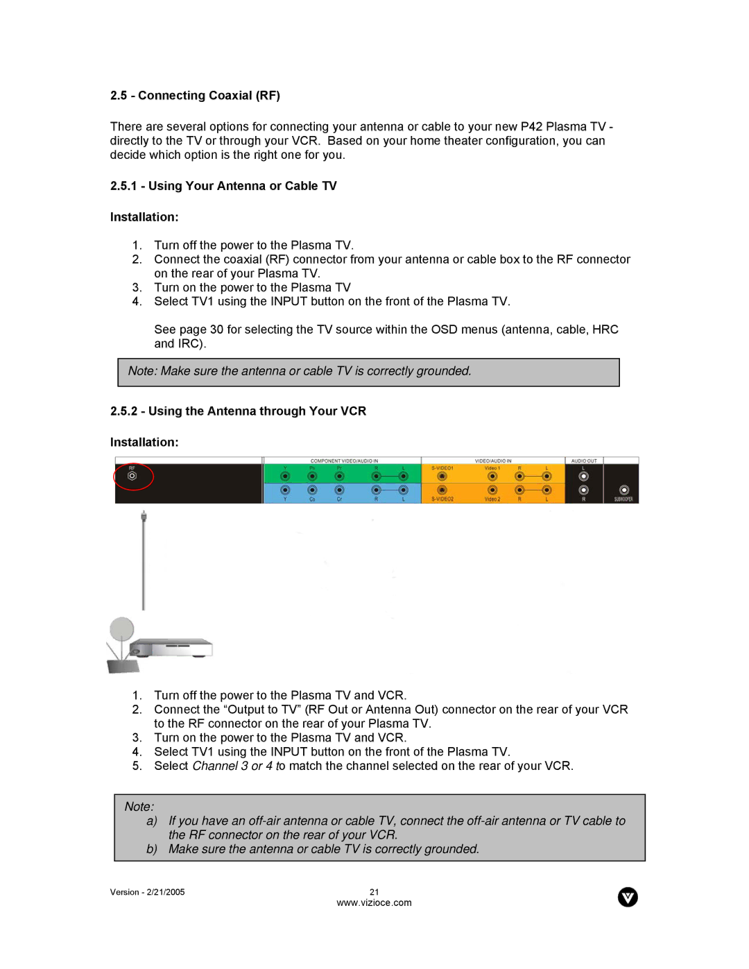 Vizio P42 manual Connecting Coaxial RF, Using Your Antenna or Cable TV Installation 