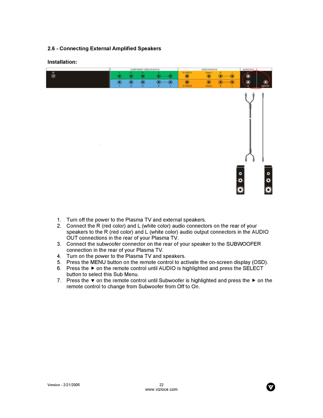 Vizio P42 manual Connecting External Amplified Speakers Installation 