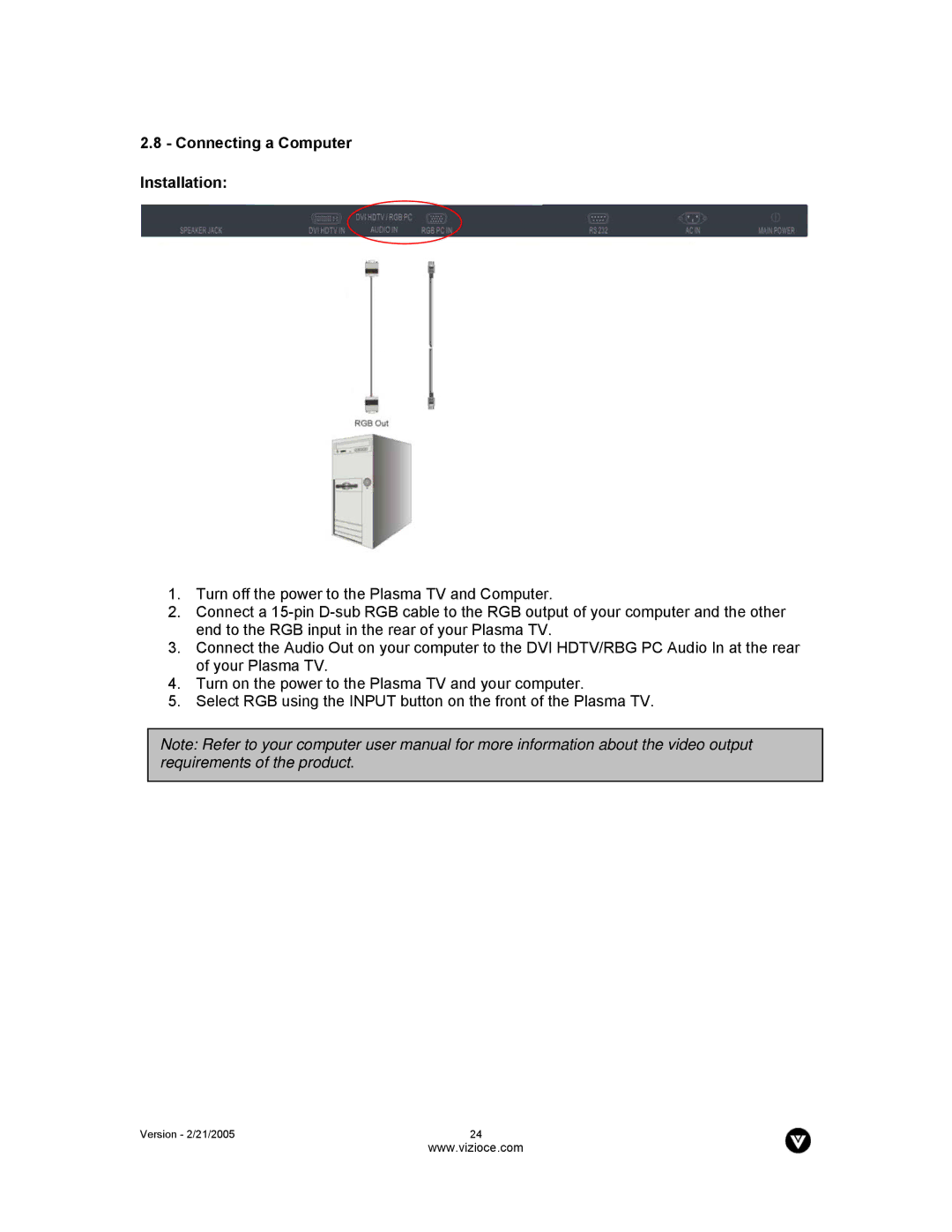 Vizio P42 manual Connecting a Computer Installation 