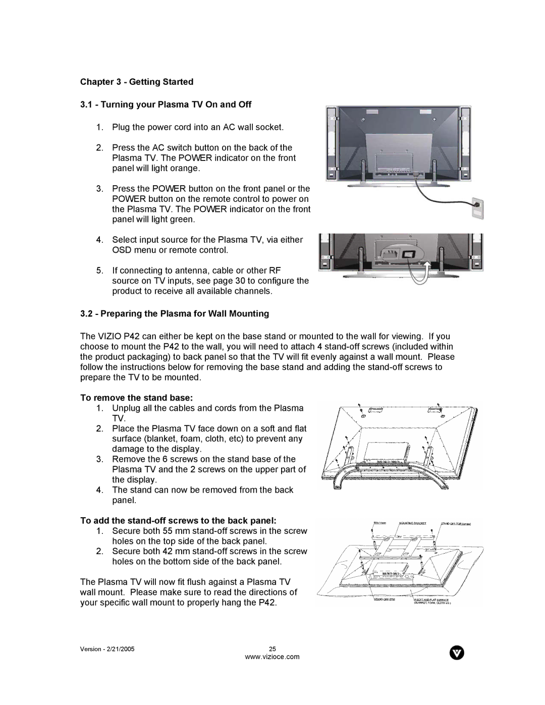 Vizio P42 manual Getting Started Turning your Plasma TV On and Off, Preparing the Plasma for Wall Mounting 