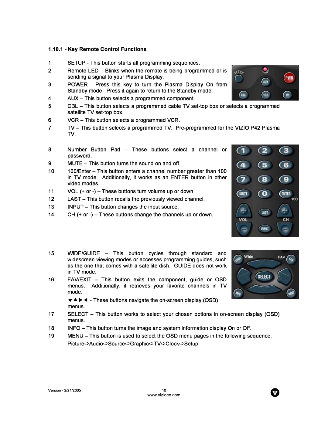 Vizio P42 manual Key Remote Control Functions 