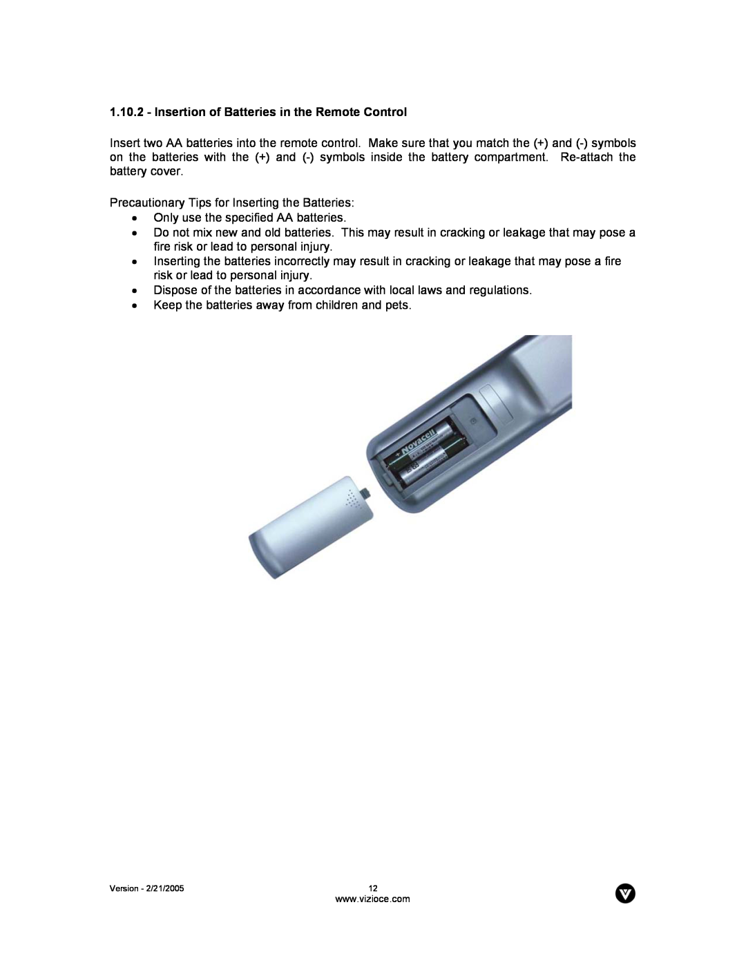 Vizio P42 manual Insertion of Batteries in the Remote Control 