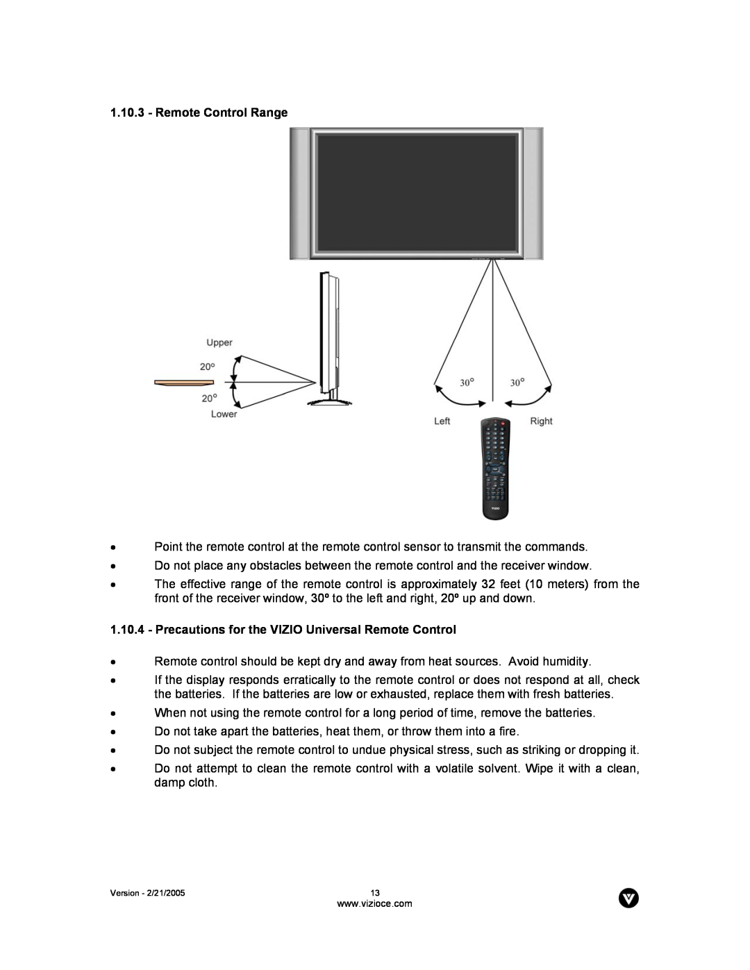 Vizio P42 manual Remote Control Range, Precautions for the VIZIO Universal Remote Control 