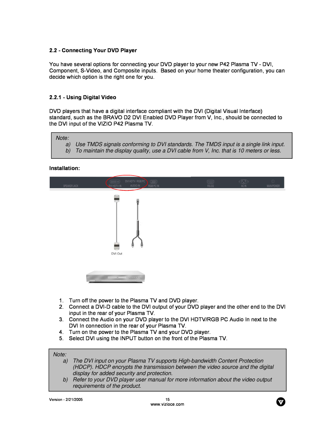 Vizio P42 manual Connecting Your DVD Player, Using Digital Video, Installation 