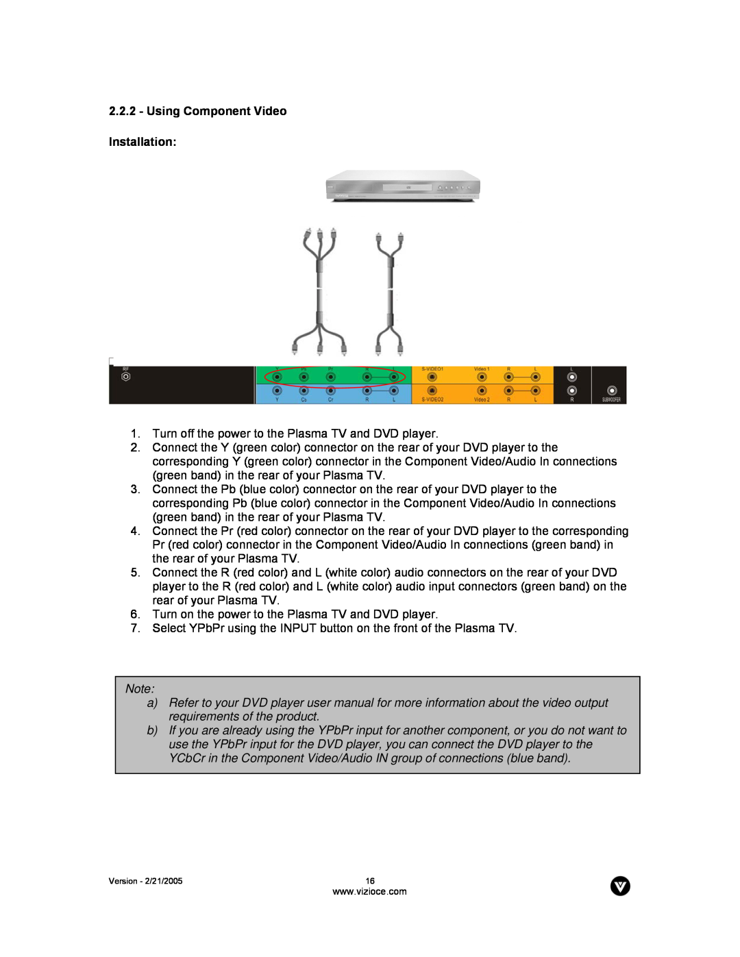 Vizio P42 manual Using Component Video Installation 
