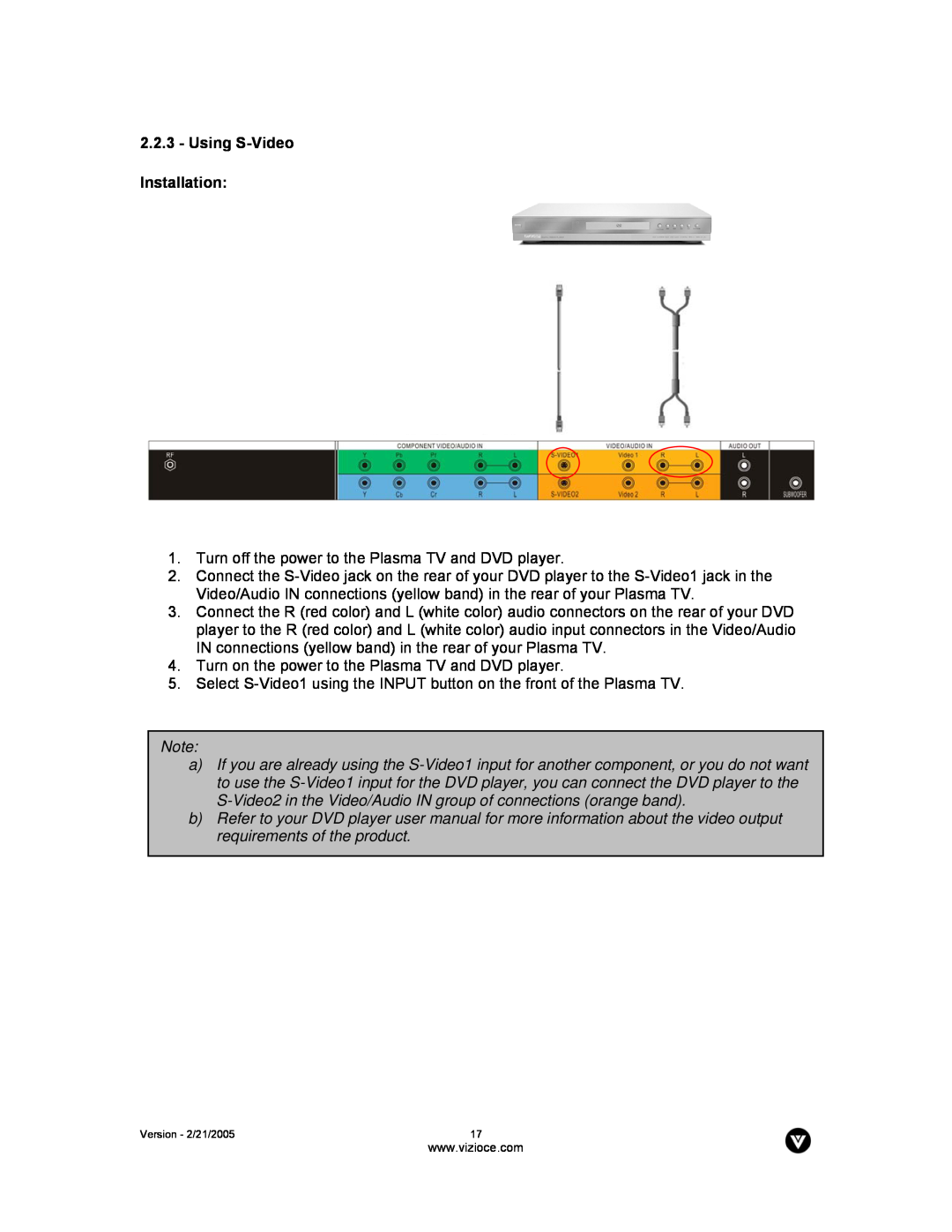 Vizio P42 manual Using S-Video Installation 