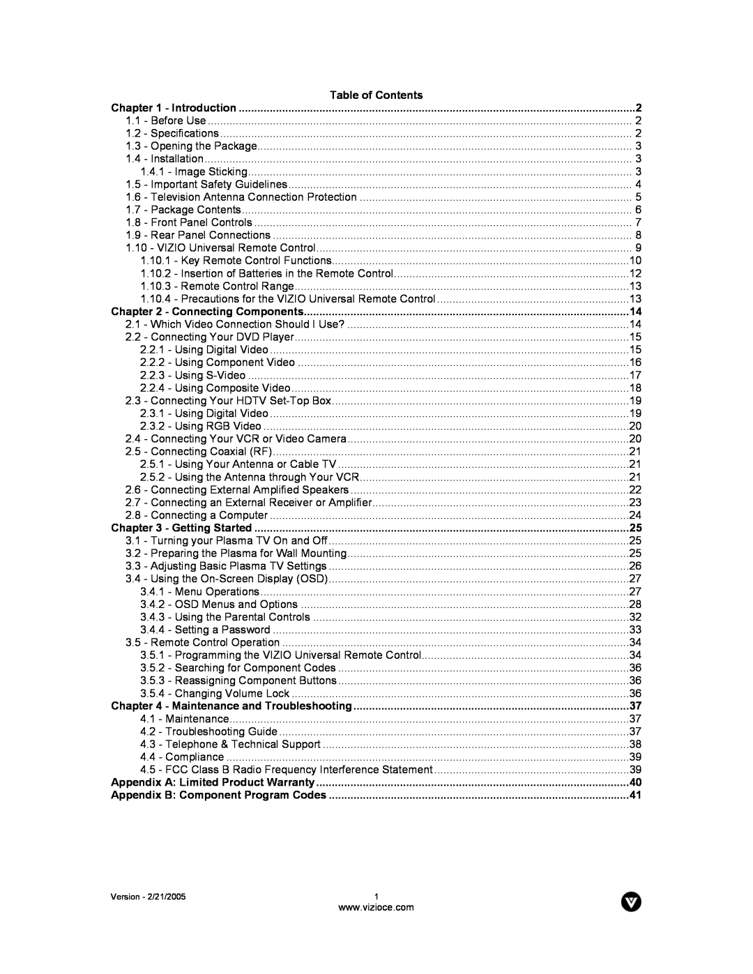 Vizio P42 manual Table of Contents, Introduction, Connecting Components, Getting Started, Maintenance and Troubleshooting 