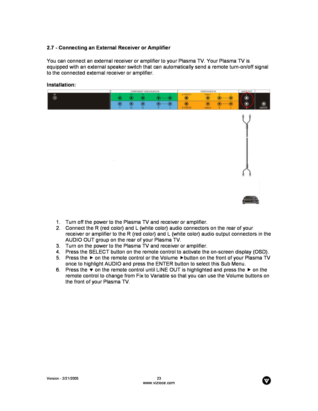 Vizio P42 manual Connecting an External Receiver or Amplifier, Installation 