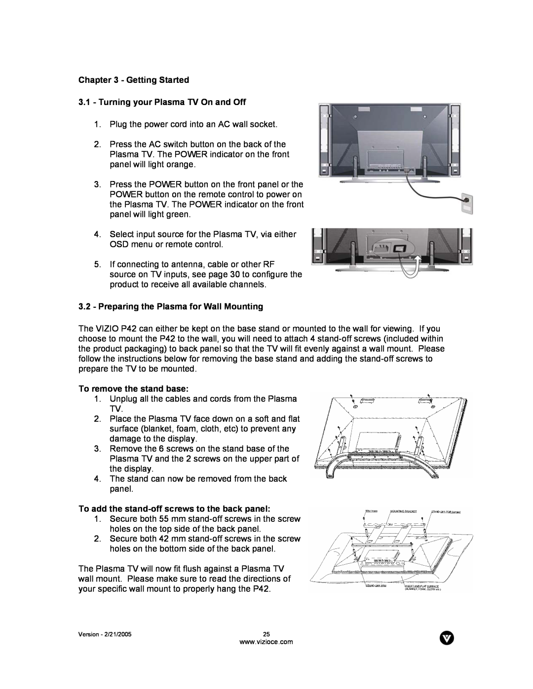 Vizio P42 manual Getting Started 3.1 - Turning your Plasma TV On and Off, Preparing the Plasma for Wall Mounting 