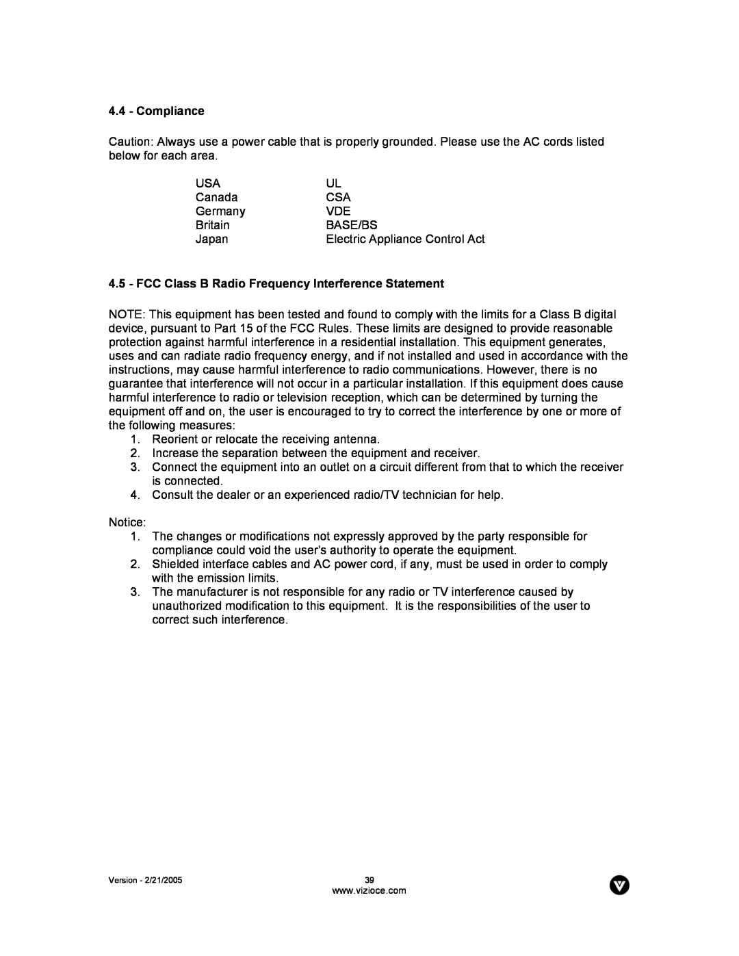 Vizio P42 manual Compliance, FCC Class B Radio Frequency Interference Statement 