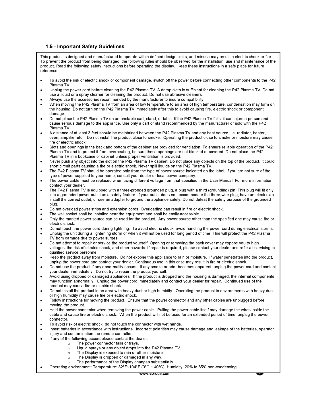 Vizio P42 manual Important Safety Guidelines 