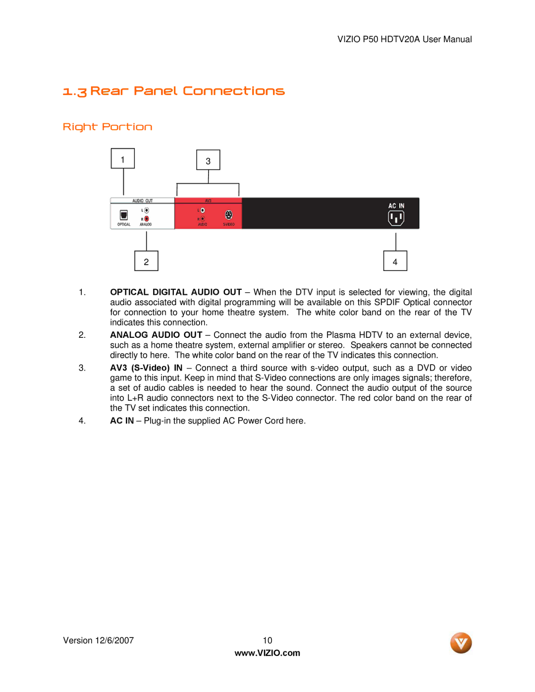 Vizio P50 HDTV20A user manual Rear Panel Connections, Right Portion 