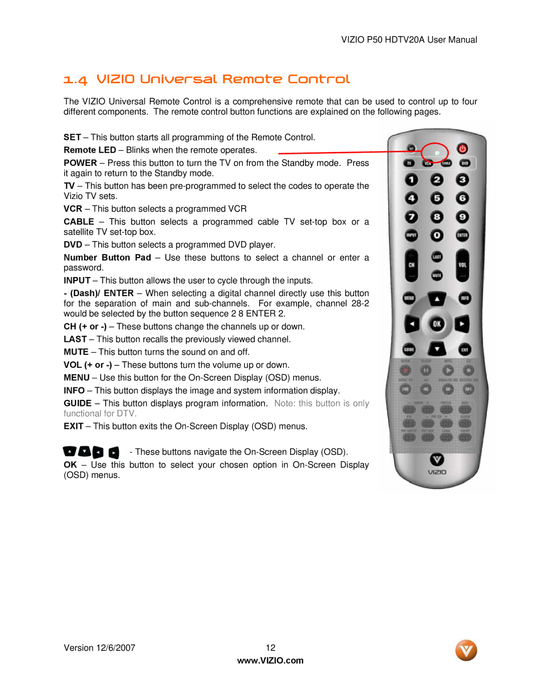 Vizio P50 HDTV20A user manual Vizio Universal Remote Control 