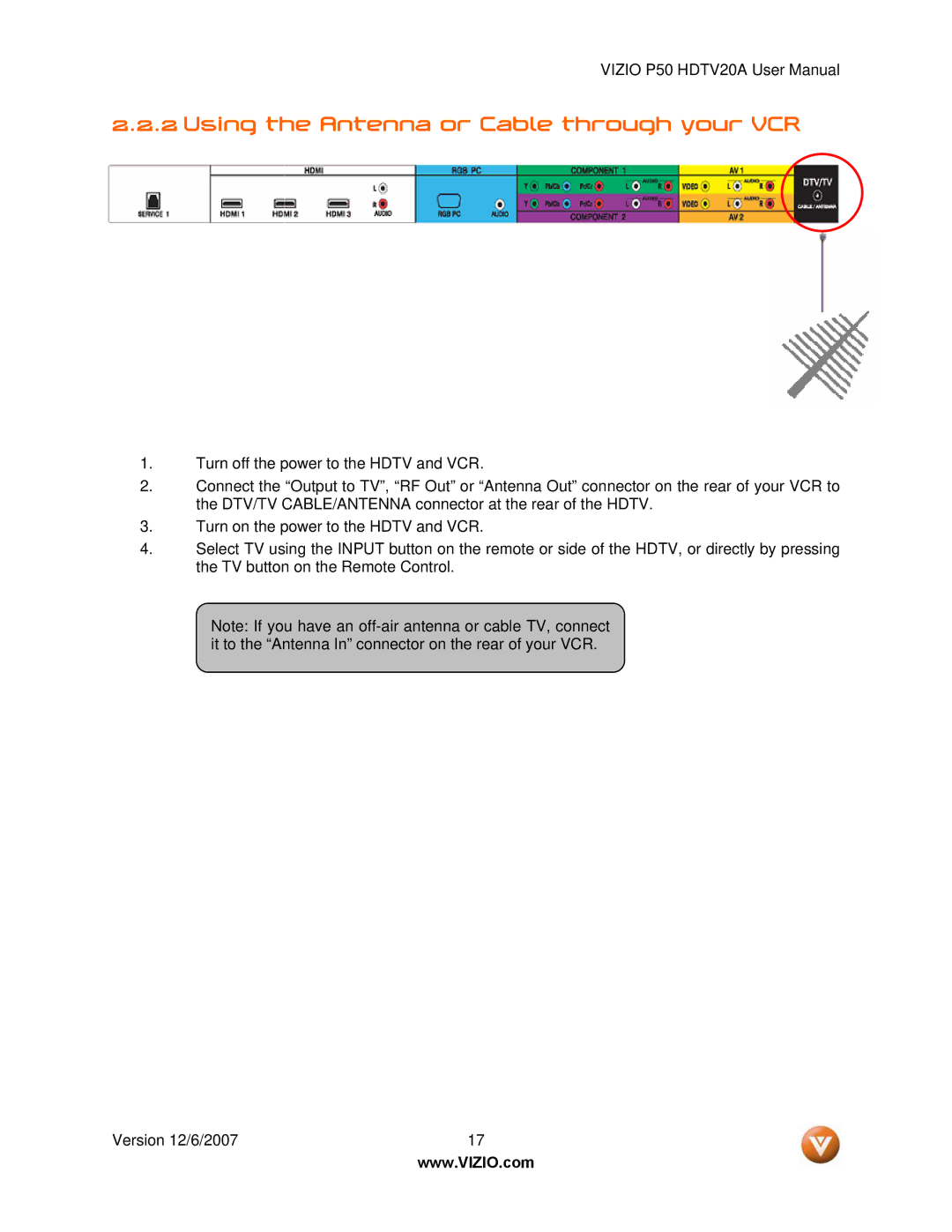 Vizio P50 HDTV20A user manual Using the Antenna or Cable through your VCR 