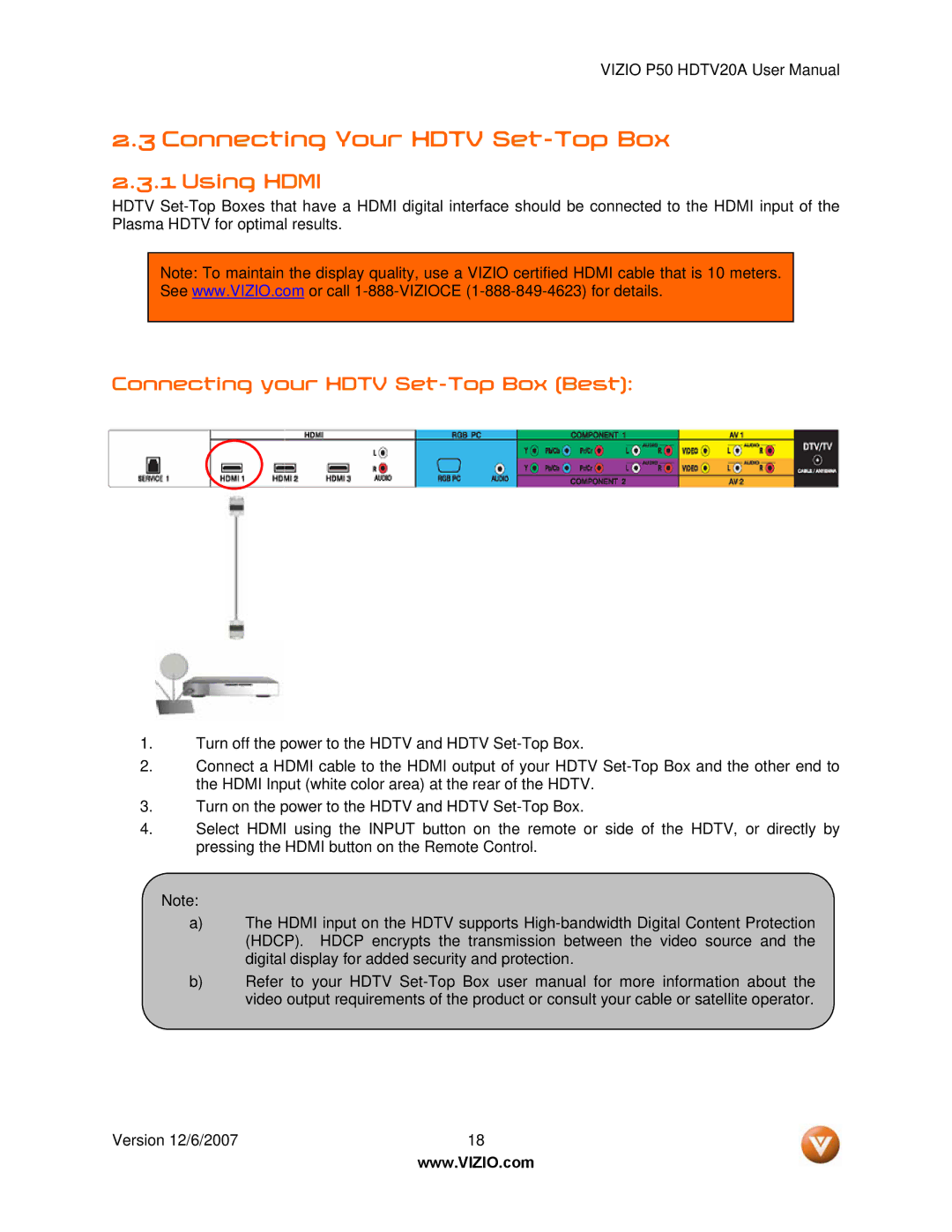 Vizio P50 HDTV20A user manual Connecting Your Hdtv Set-Top Box, Using Hdmi, Connecting your Hdtv Set-Top Box Best 