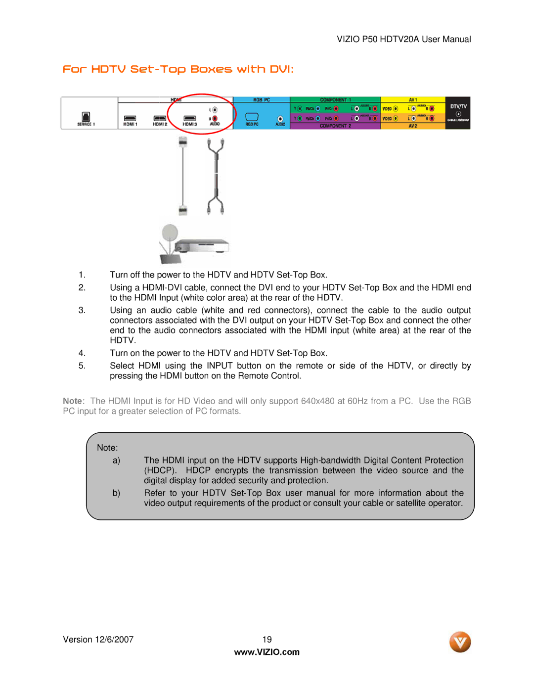 Vizio P50 HDTV20A user manual For Hdtv Set-Top Boxes with DVI 