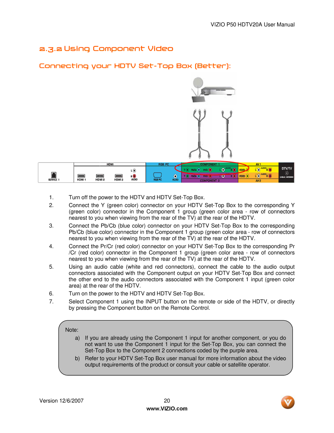 Vizio P50 HDTV20A user manual Using Component Video, Connecting your Hdtv Set-Top Box Better 