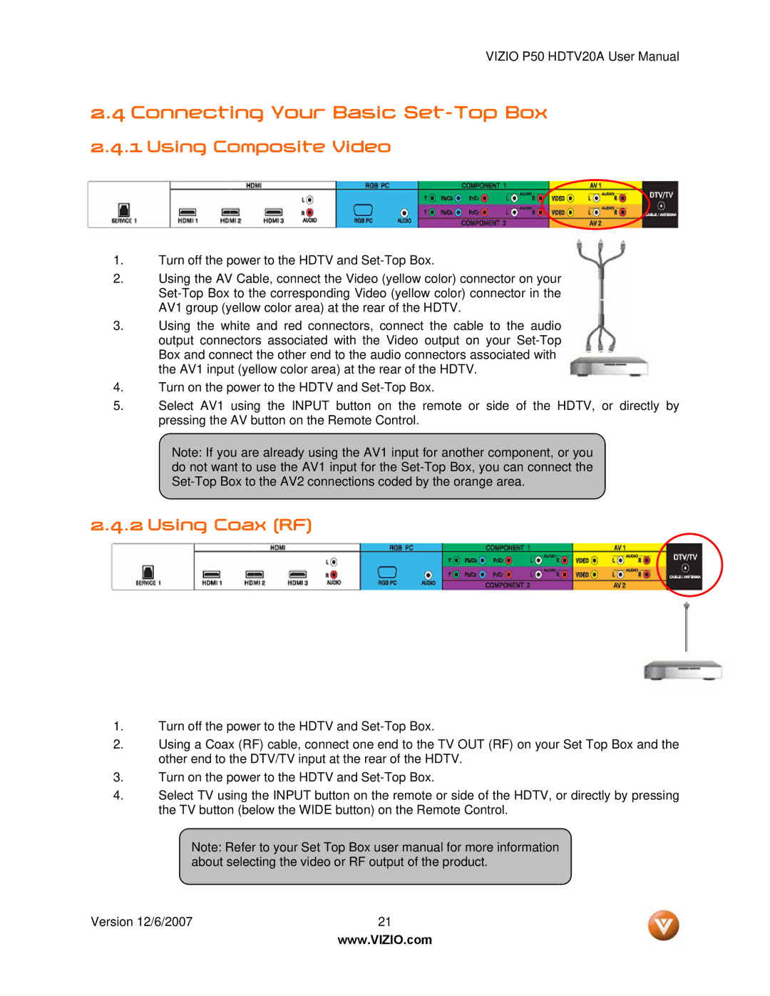 Vizio P50 HDTV20A user manual Connecting Your Basic Set-Top Box, Using Composite Video, Using Coax RF 