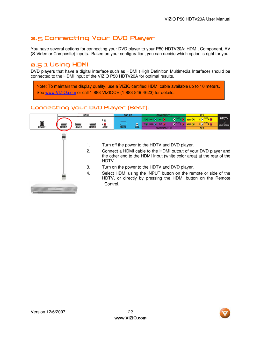 Vizio P50 HDTV20A user manual Connecting Your DVD Player, Connecting your DVD Player Best 