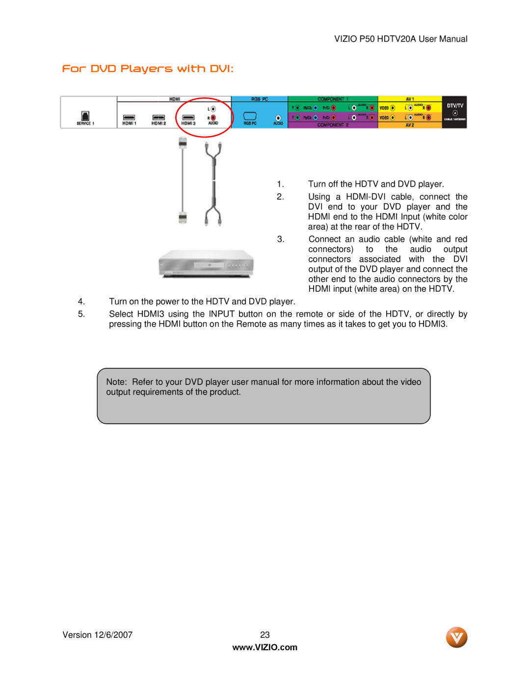 Vizio P50 HDTV20A user manual For DVD Players with DVI 