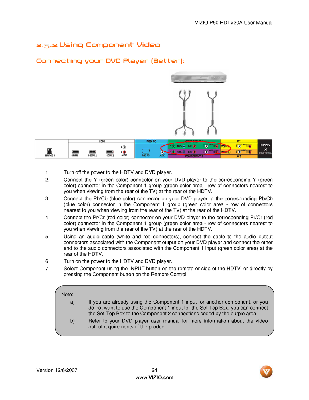 Vizio P50 HDTV20A user manual Using Component Video, Connecting your DVD Player Better 