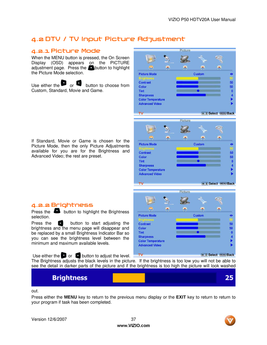 Vizio P50 HDTV20A user manual DTV / TV Input Picture Adjustment, Picture Mode, Brightness 