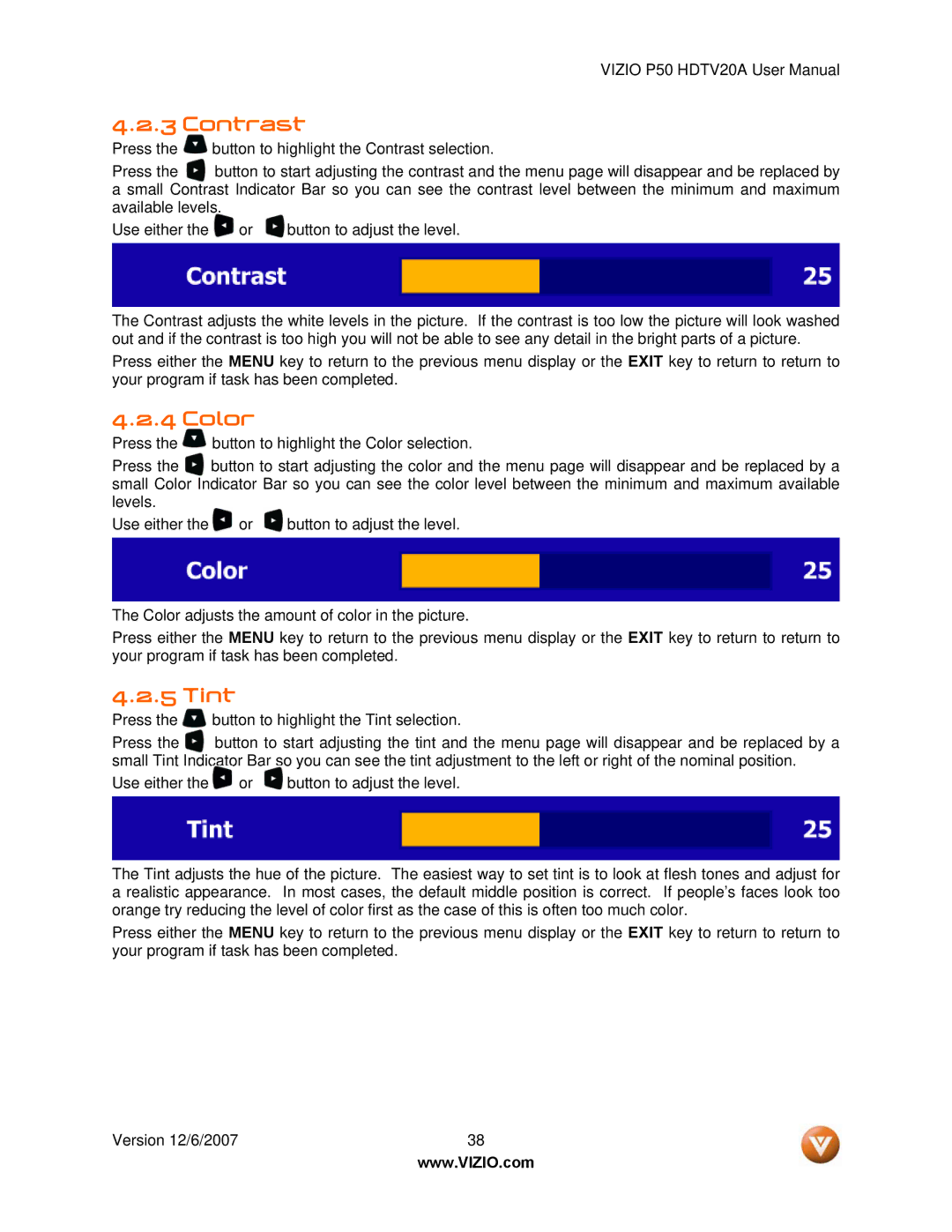 Vizio P50 HDTV20A user manual Contrast, Color, Tint 