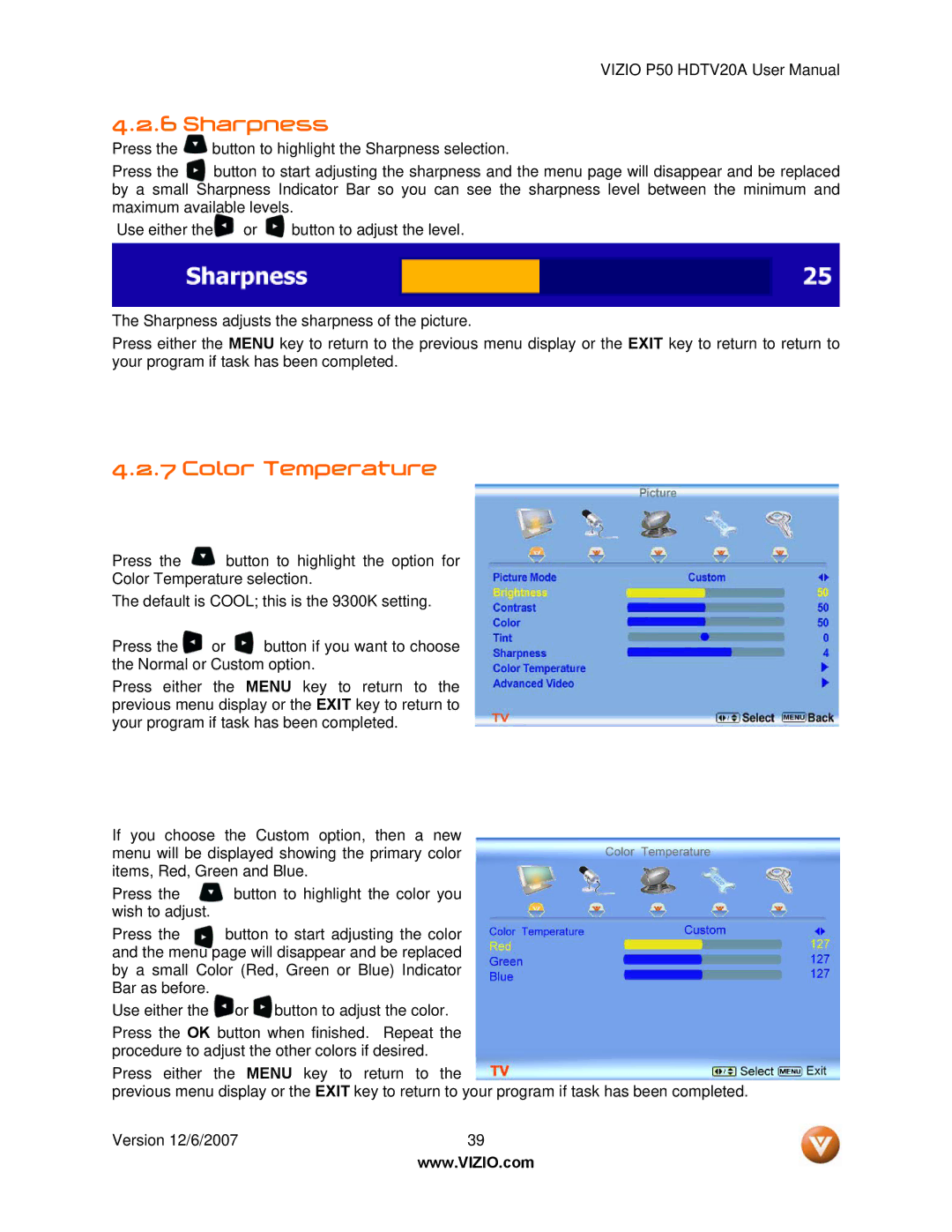 Vizio P50 HDTV20A user manual Sharpness, Color Temperature 